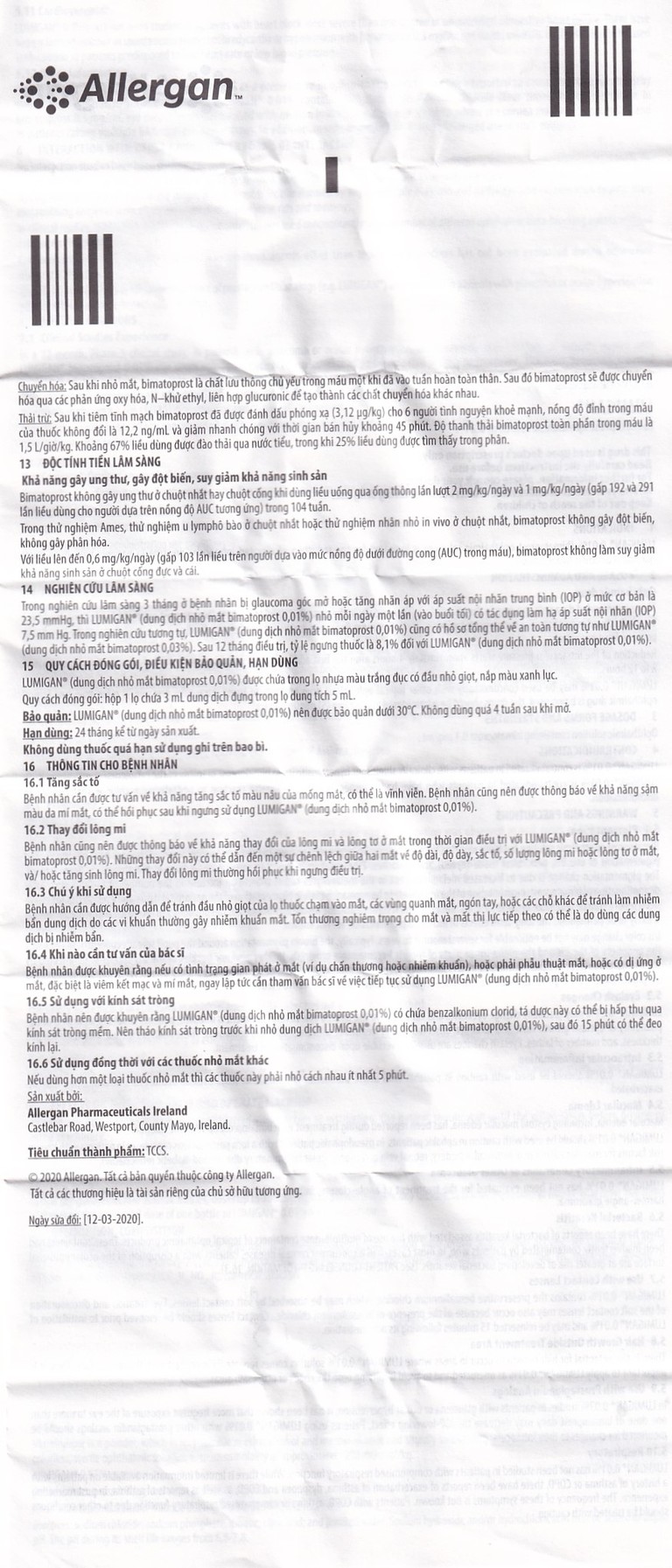 Thuốc nhỏ mắt Lumigan 0.01% Allergan giảm tăng áp suất nội nhãn (3ml)