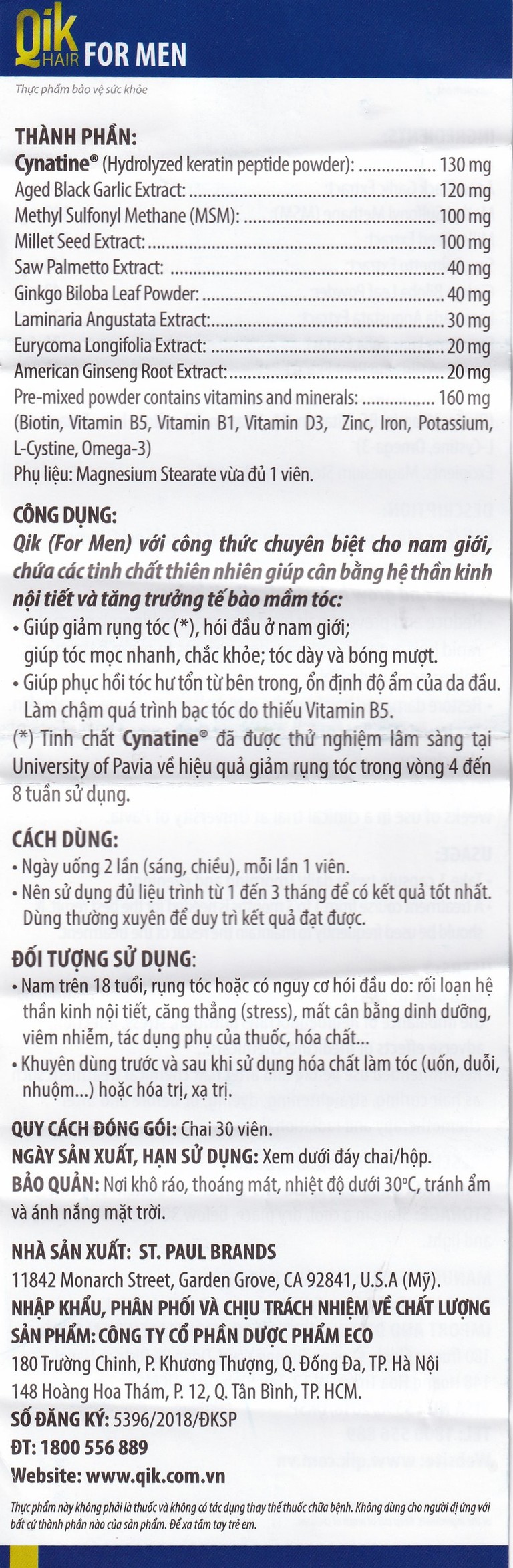 Viên uống Qik Hair For Men Ecogreen giúp giảm rụng tóc, hối đầu ở nam giới (30 viên)