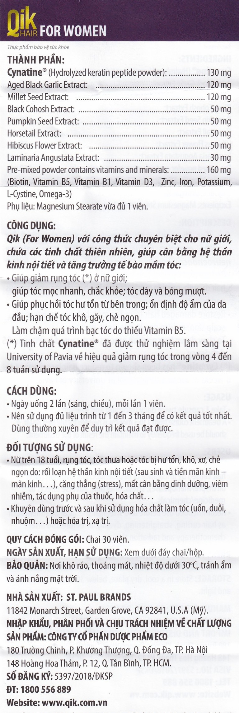 Viên uống Qik Hair For Women Ecogreen giúp giảm rụng tóc ở nữ giới, giúp tóc mọc nhanh (30 viên)