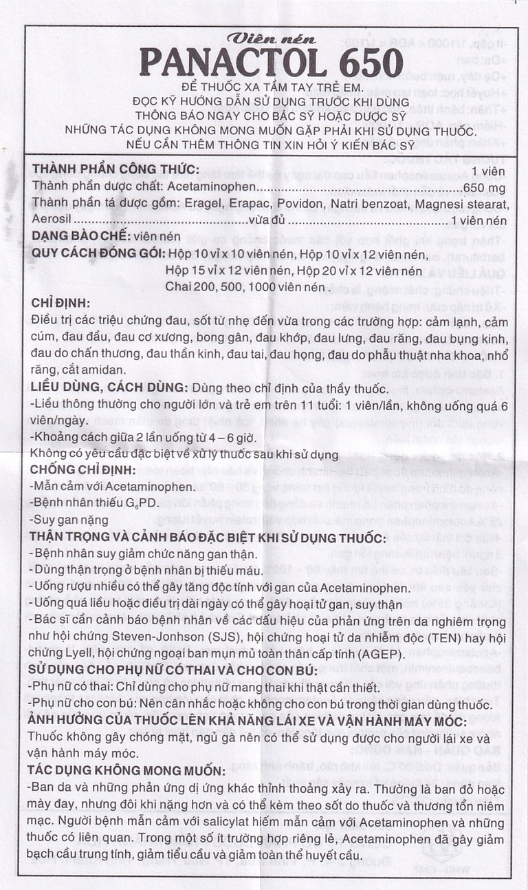 Viên nén Panactol 650mg Khapharco giảm đau, hạ sốt, không gây buồn ngủ (1000 viên)