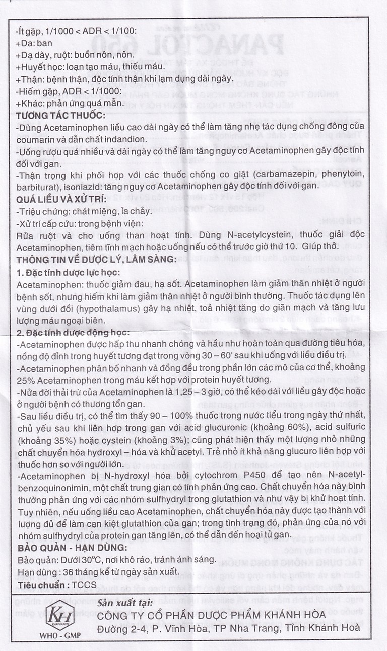 Viên nén Panactol 650mg Khapharco giảm đau, hạ sốt, không gây buồn ngủ (1000 viên)