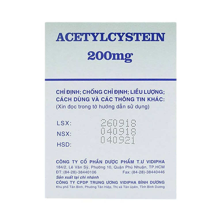Thuốc Acetylcystein 200mg Vidipha tiêu nhầy trong bệnh viêm phế quản, bệnh nhầy nhớt (20 vỉ x 10 viên)
