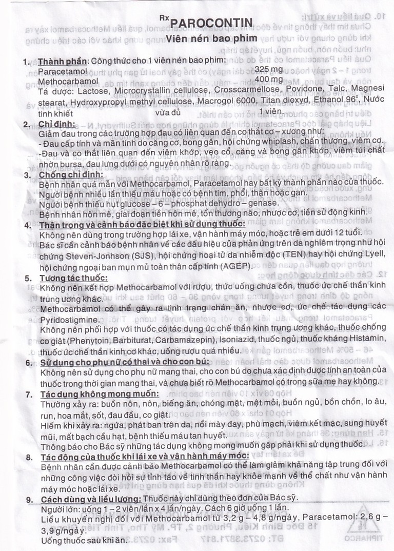 Viên nén Parocontin Tipharco giảm đau co thắt cơ xương, đau căng cơ, bong gân (3 vỉ x 10 viên)