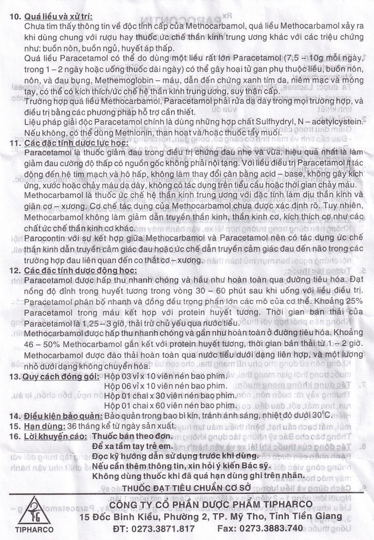 Viên nén Parocontin Tipharco giảm đau co thắt cơ xương, đau căng cơ, bong gân (3 vỉ x 10 viên)