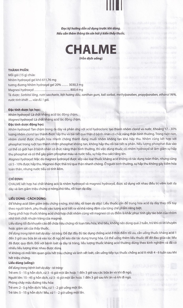 Hỗn dịch uống Chalme Davipharm điều trị viêm loét dạ dày (20 gói x 15g)