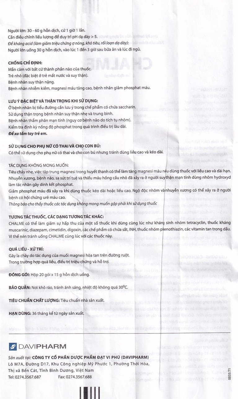 Hỗn dịch uống Chalme Davipharm điều trị viêm loét dạ dày (20 gói x 15g)