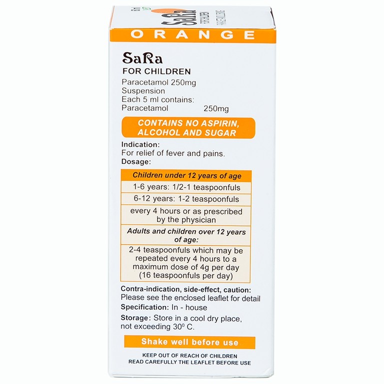 Hỗn dịch SaRa For Children 250mg Thai Nakorn Patana hương cam, hạ sốt và giảm đau (60ml)