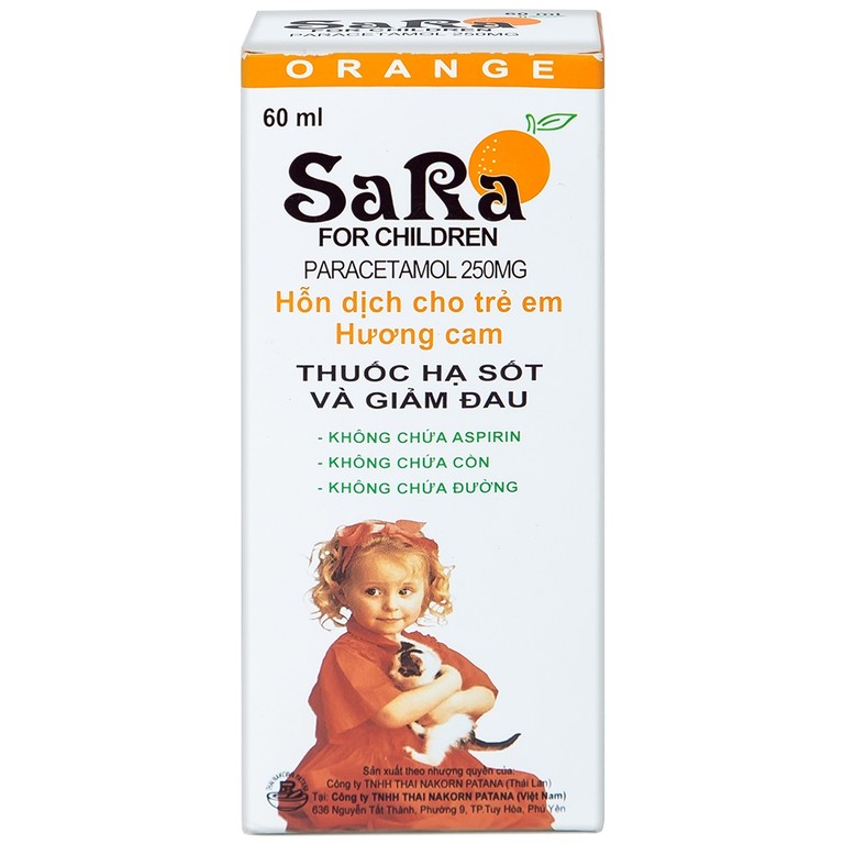 Hỗn dịch SaRa For Children 250mg Thai Nakorn Patana hương cam, hạ sốt và giảm đau (60ml)