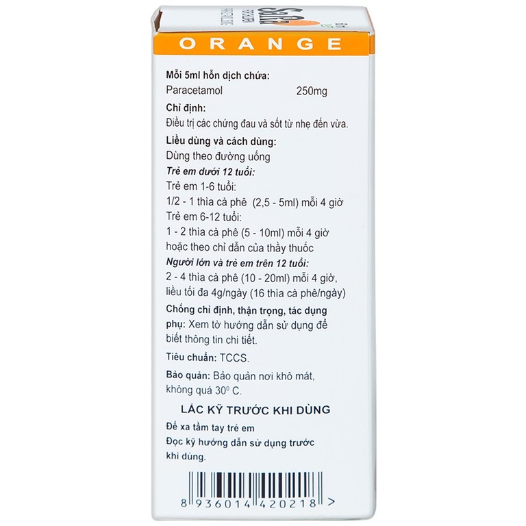 Hỗn dịch SaRa For Children 250mg Thai Nakorn Patana hương cam, hạ sốt và giảm đau (60ml)