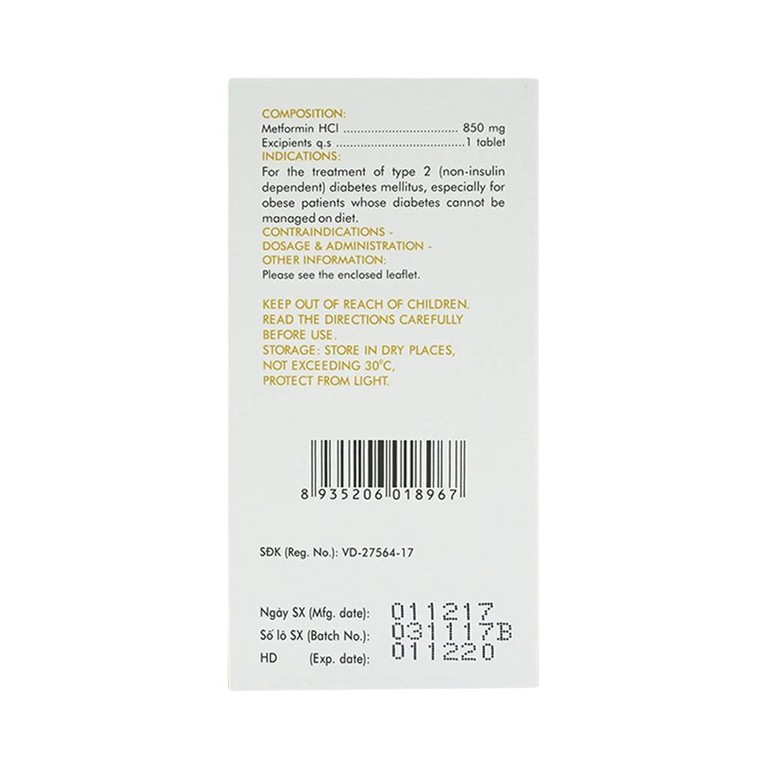 Thuốc Glumeform 850 DHG điều trị bệnh đái tháo đường típ 2 (10 vỉ x 5 viên)