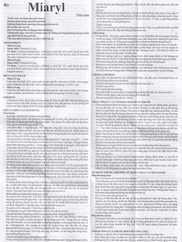 Viên nén Miaryl 2mg Hasan điều trị đái tháo đường típ 2 (10 vỉ x 10 viên)