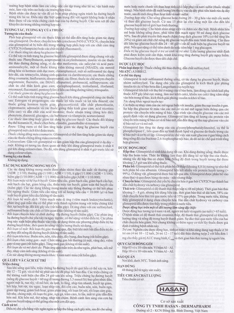 Viên nén Miaryl 2mg Hasan điều trị đái tháo đường típ 2 (10 vỉ x 10 viên)