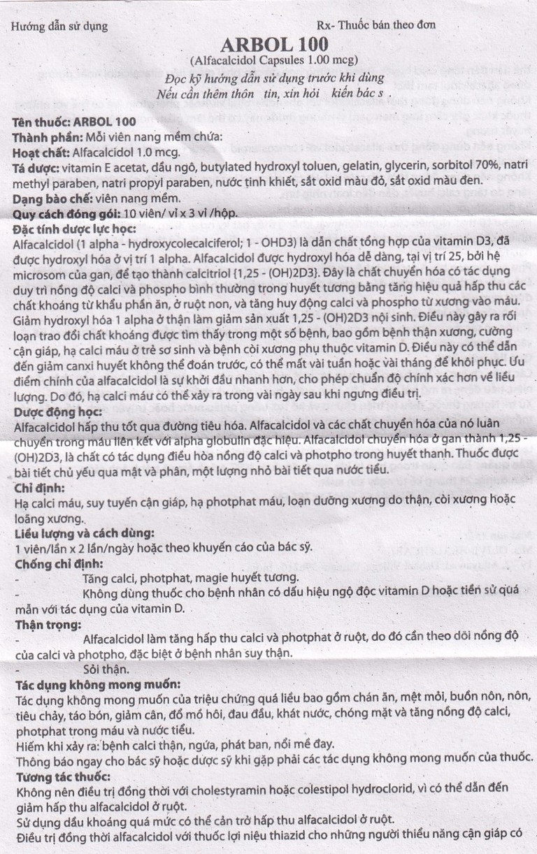 Thuốc Arbol-100 Olive Healthcare dùng trong hạ canxi máu, suy tuyến cận giáp (3 vỉ x 10 viên)