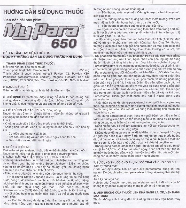 Thuốc My Para 650mg S.P.M hỗ trợ giảm đau hạ sốt (10 vỉ x 10 viên)