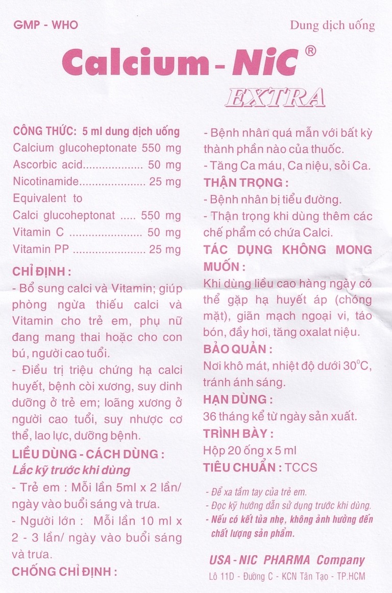 Dung dịch uống Calcium-NIC Extra bổ sung canxi và vitamin (20 ống x 5ml)