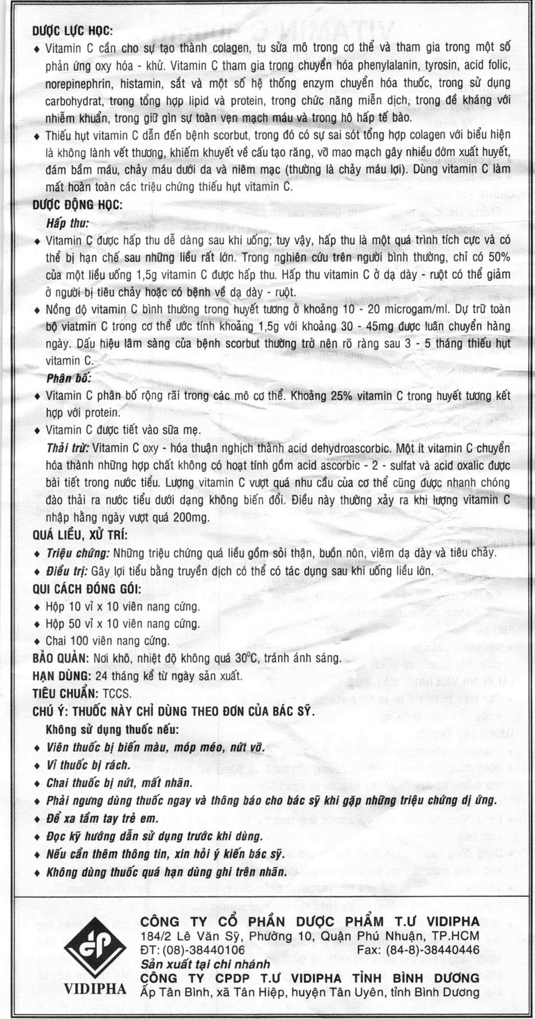 Thuốc Vitamin C 500mg Vidipha hỗ trợ điều trị bệnh Thalassemia (10 vỉ x 10 viên)