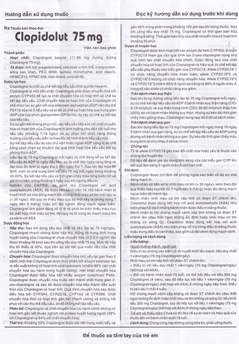 Thuốc Clopidolut 75mg Hasan phòng ngừa các biến cố do xơ vữa động mạch (3 vỉ x 14 viên)