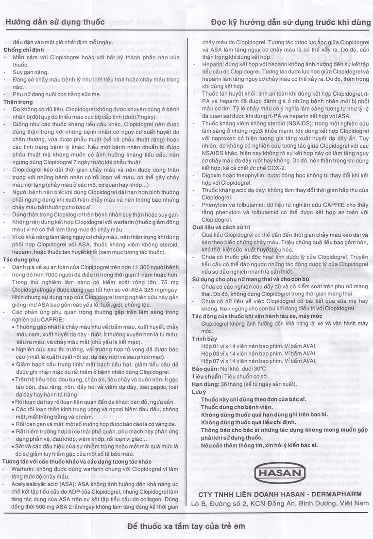 Thuốc Clopidolut 75mg Hasan phòng ngừa các biến cố do xơ vữa động mạch (3 vỉ x 14 viên)
