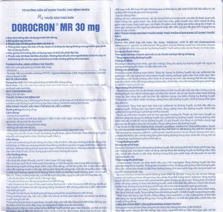Thuốc Dorocron MR 30mg Domesco điều trị đái tháo đường típ 2 (2 vỉ x 30 viên)