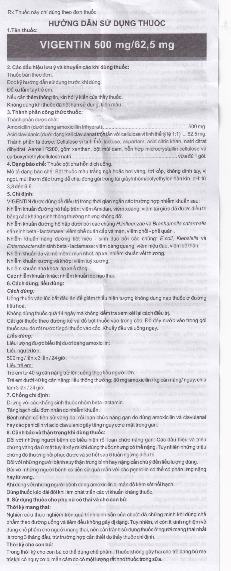 Thuốc bột pha hỗn dịch uống Vigentin 500mg/62,5mg Pharbaco điều trị các chứng nhiễm khuẩn (12 gói x 2g)