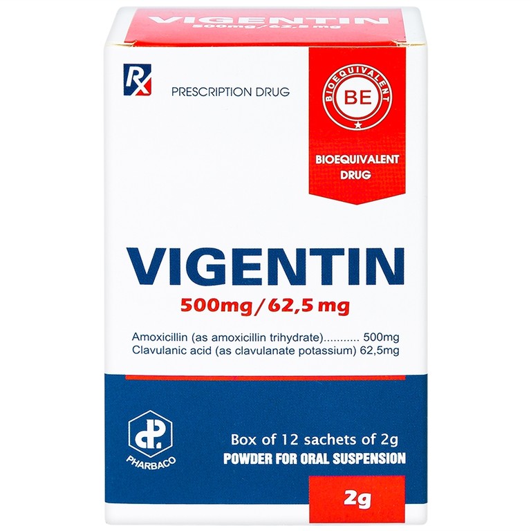 Thuốc bột pha hỗn dịch uống Vigentin 500mg/62,5mg Pharbaco điều trị các chứng nhiễm khuẩn (12 gói x 2g)