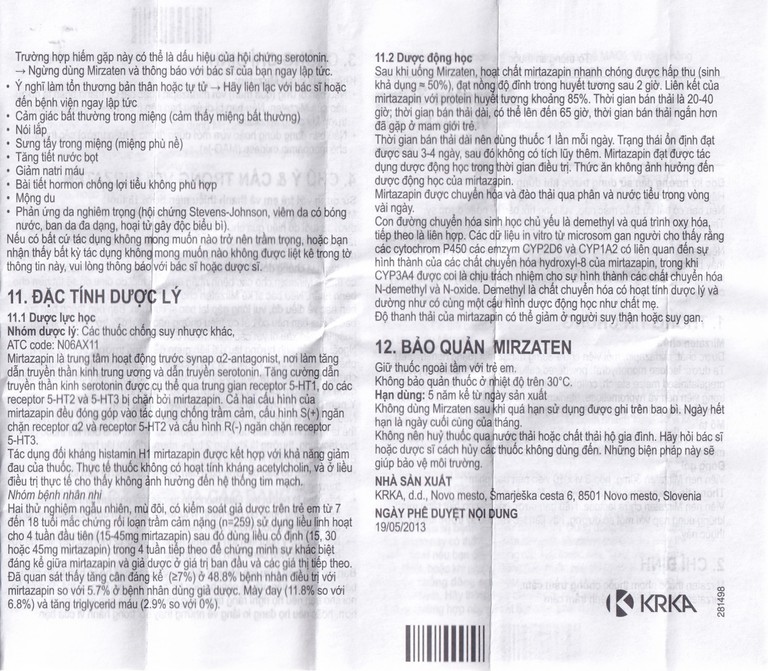 Viên nén Mirzaten 30mg KRKA điều trị trầm cảm (3 vỉ x 10 viên)
