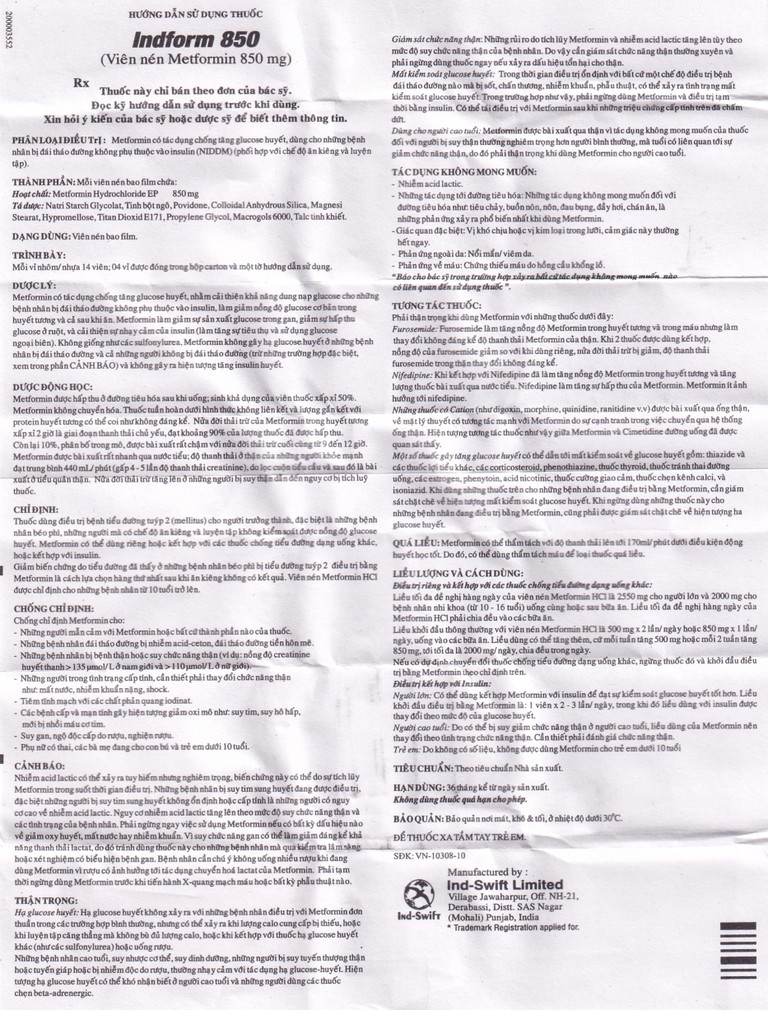 Thuốc Indform 850mg Ind-Swift  điều trị bệnh đái tháo đường (4 vỉ x 14 viên)