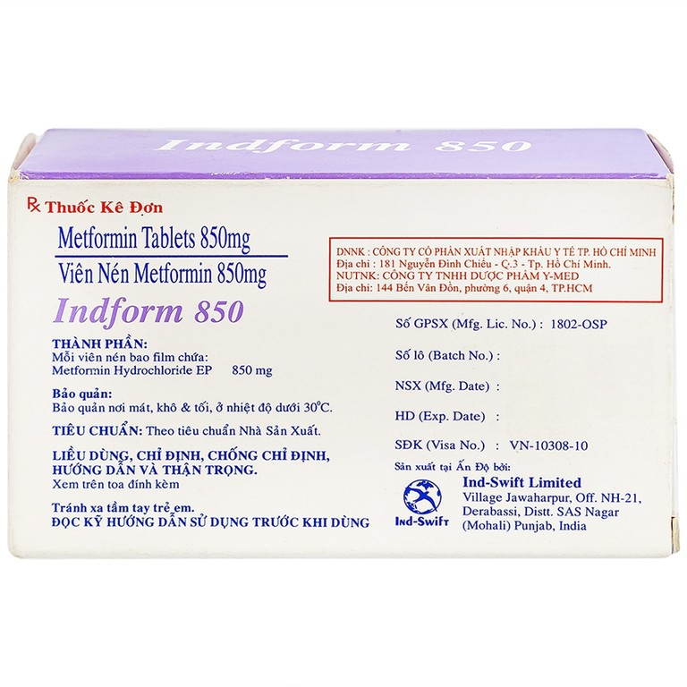 Thuốc Indform 850mg Ind-Swift  điều trị bệnh đái tháo đường (4 vỉ x 14 viên)