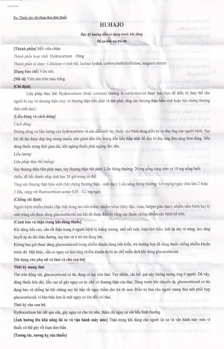 Thuốc Huhajo Tab 10mg JRP điều trị thay thế cho người bị suy vỏ thượng thận (10 vỉ x 10 viên)