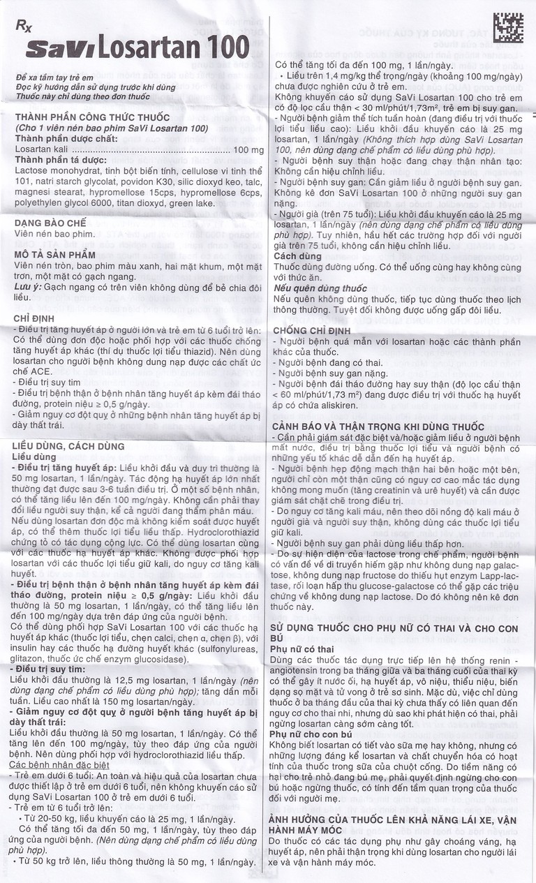 Thuốc Savi Losartan 100 điều trị tăng huyết áp (3 vỉ x 10 viên)