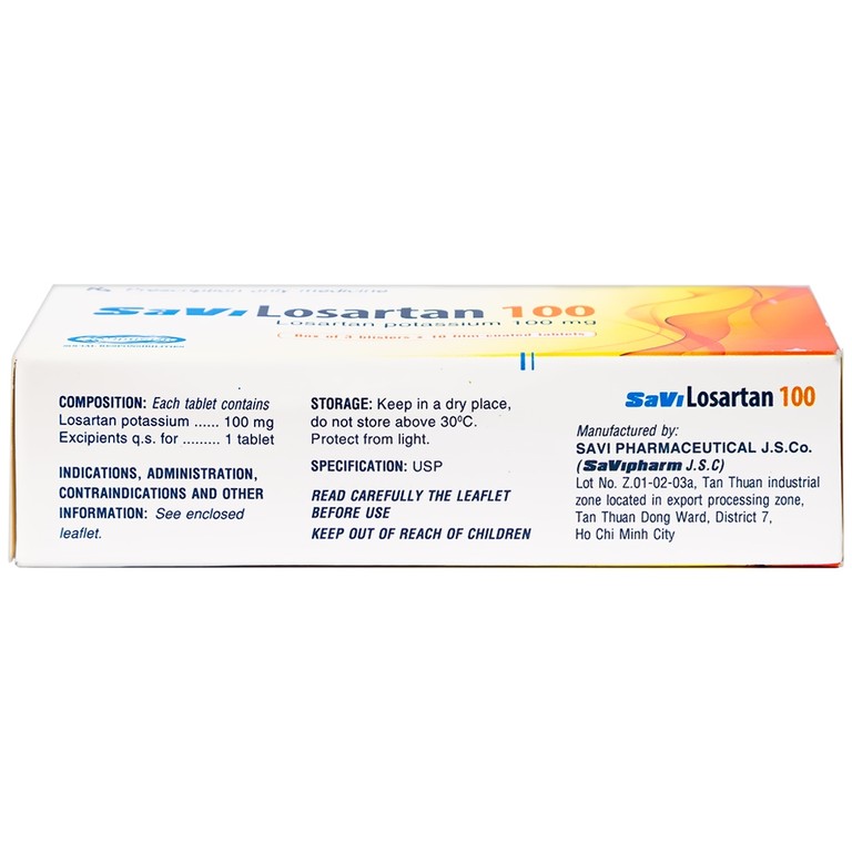 Thuốc Savi Losartan 100 điều trị tăng huyết áp (3 vỉ x 10 viên)