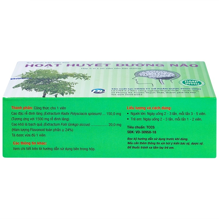 Thuốc Hoạt Huyết Dưỡng Não Phúc Vinh điều trị suy giảm trí nhớ, thiểu năng tuần hoàn não (5 vỉ x 20 viên)