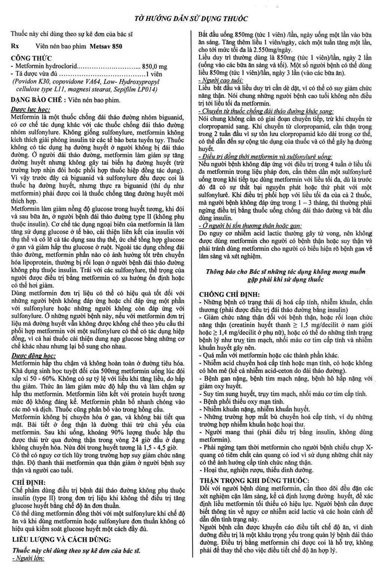 Thuốc Metsav 850 Savipharm điều trị đái tháo đường típ 2 (10 vỉ x 10 viên)
