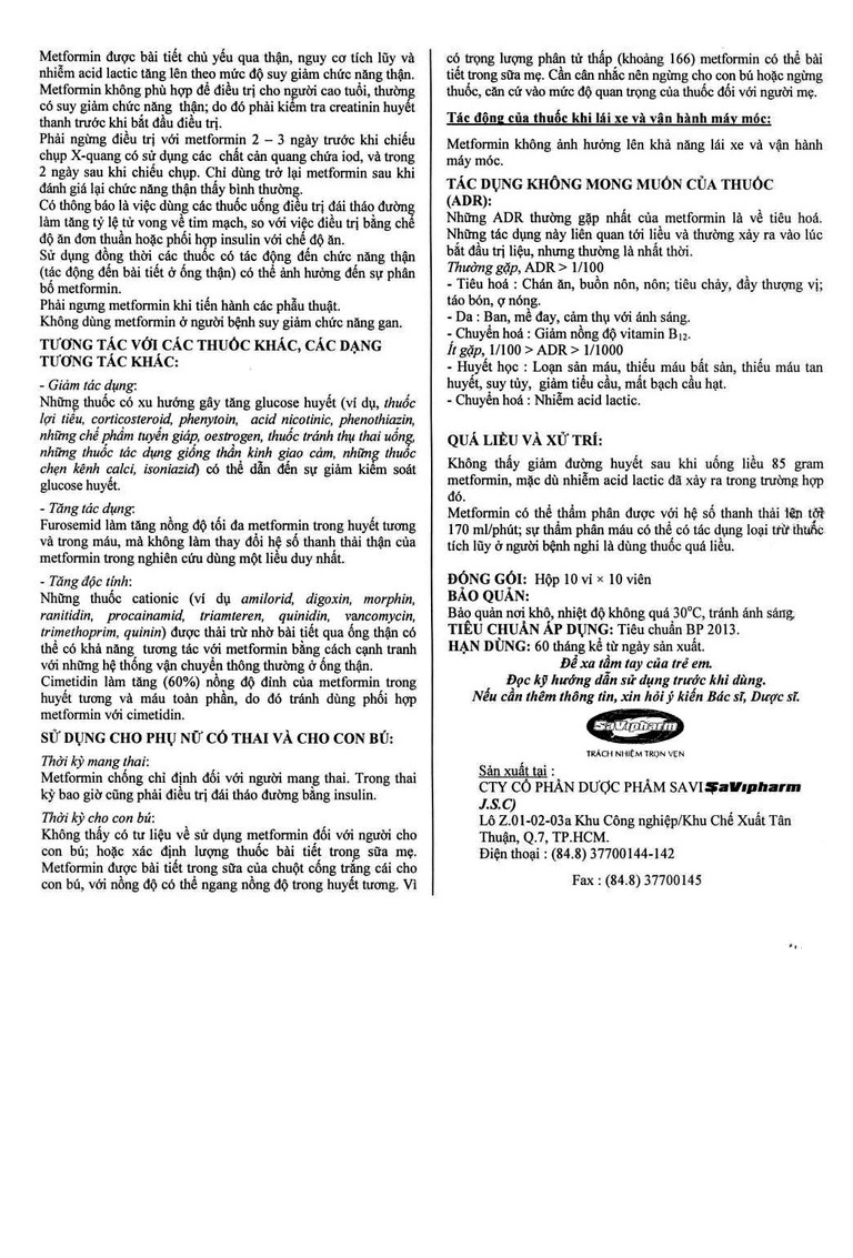 Thuốc Metsav 850 Savipharm điều trị đái tháo đường típ 2 (10 vỉ x 10 viên)