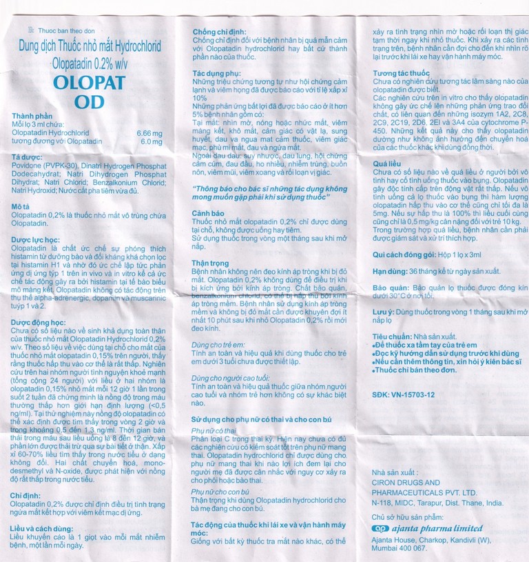 Thuốc nhỏ mắt Olopat OD 0.2% Ajanta điều trị tình trạng ngứa mắt kết hợp với viêm kết mạc dị ứng (3ml)