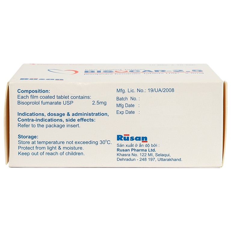 Thuốc Bisocar 2.5mg Rusan Pharma điều trị tăng huyết áp (10 vỉ x 10 viên)
