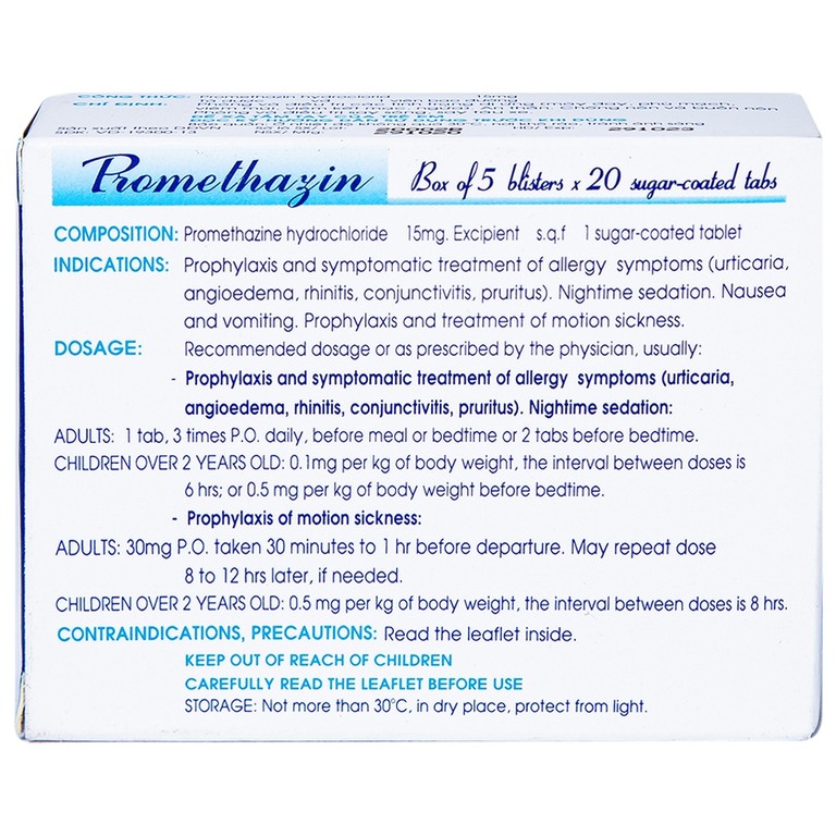 Thuốc Promethazin 15mg Nadyphar phòng và điều trị các tình trạng dị ứng, chống nôn (5 vỉ x 20 viên)  