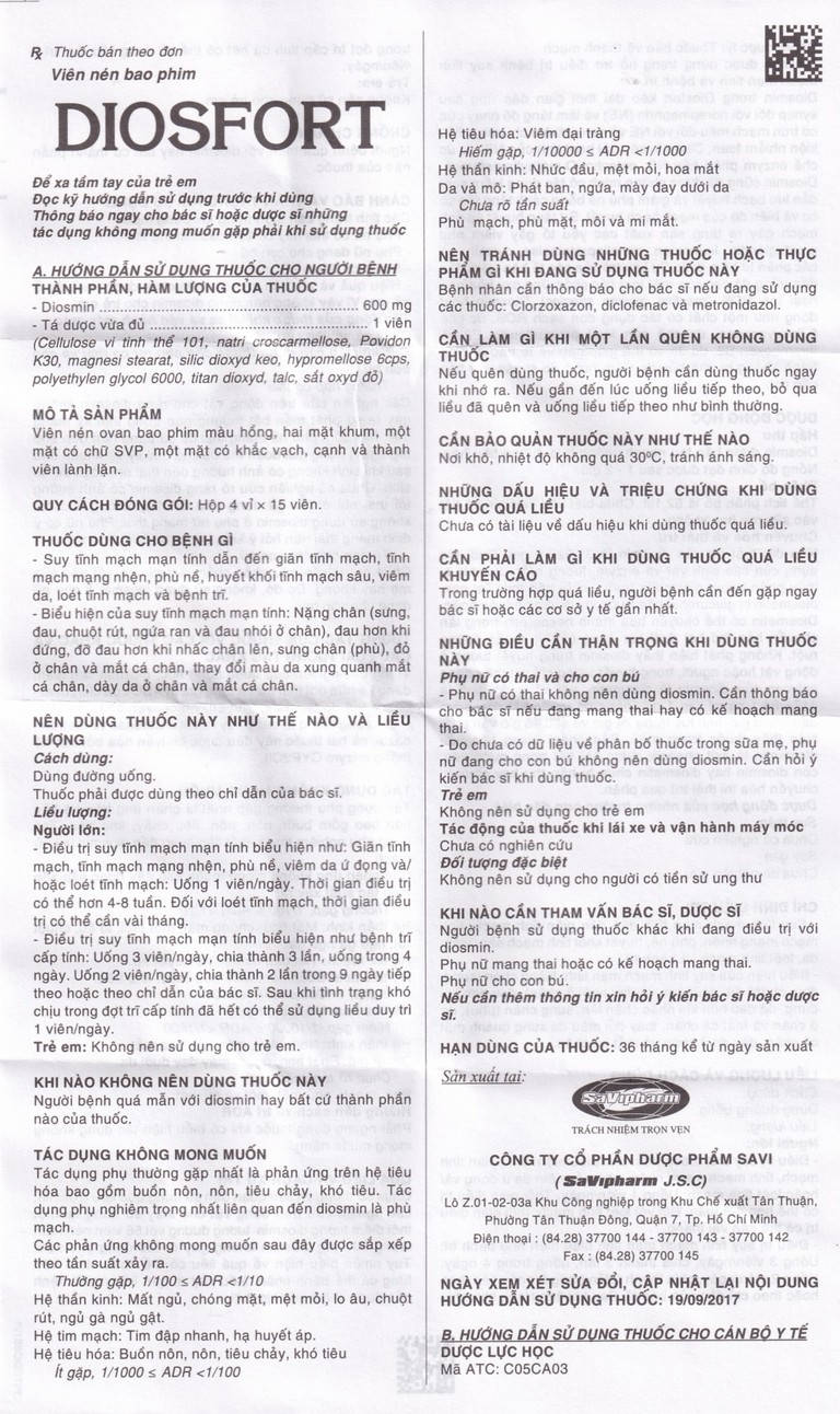 Thuốc Diosfort Savi điều trị bệnh suy tĩnh mạch mạn tính (4 vỉ x 15 viên)
