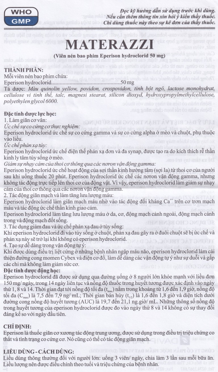 Viên nén Materazzi 50mg DaviPharm giãn cơ xương, điều trị chứng co thắt, co cứng cơ (10 vỉ x 10 viên)