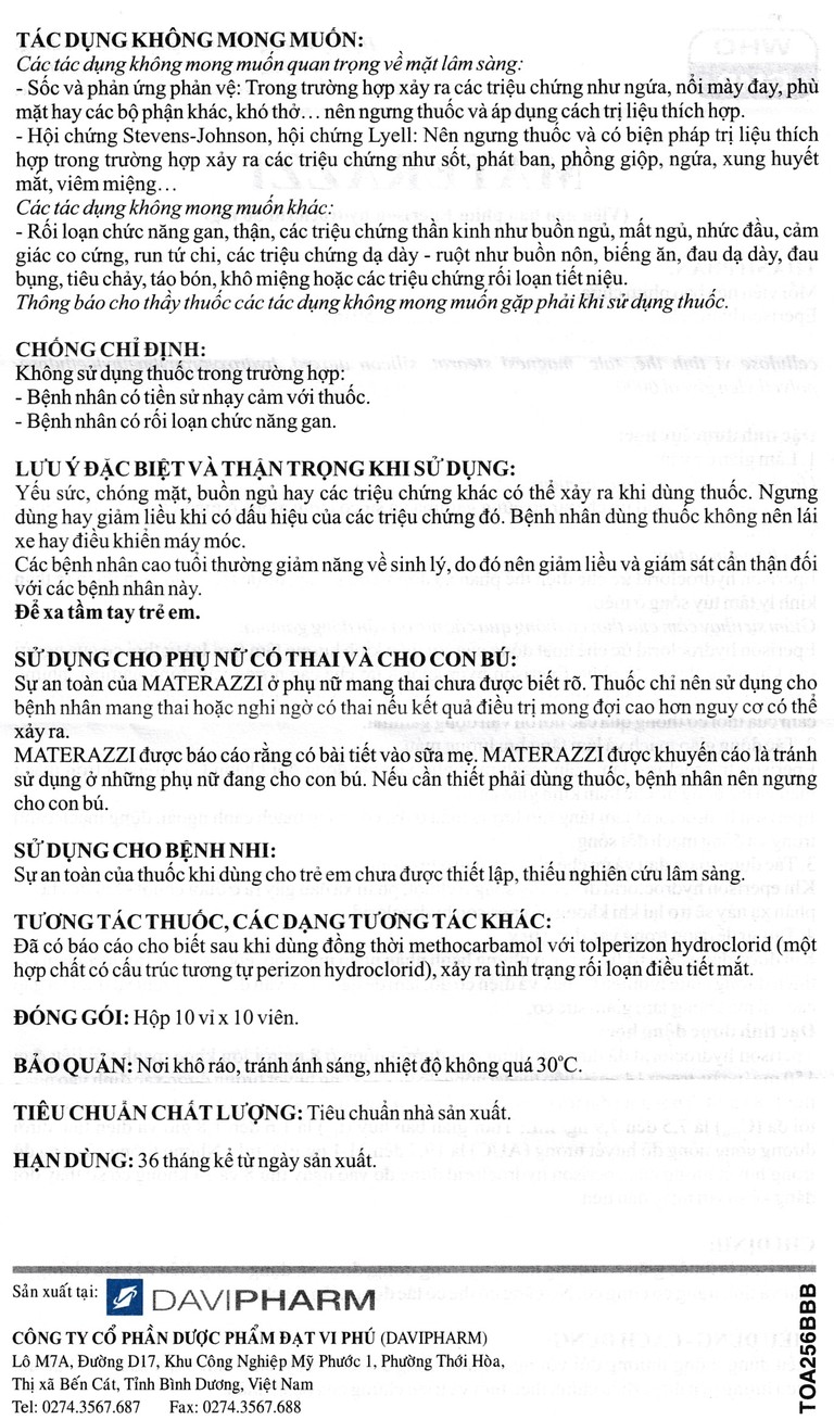 Viên nén Materazzi 50mg DaviPharm giãn cơ xương, điều trị chứng co thắt, co cứng cơ (10 vỉ x 10 viên)