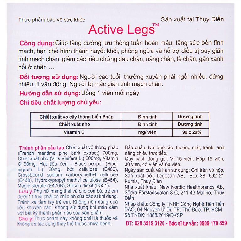 Viên uống Active Legs hỗ trợ điều trị suy giãn tĩnh mạch chân (15 viên)