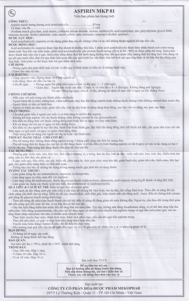 Thuốc Aspirin MKP 81 Mekophar phòng ngừa nhồi máu cơ tim, đột quỵ (10 vỉ x 10 viên)