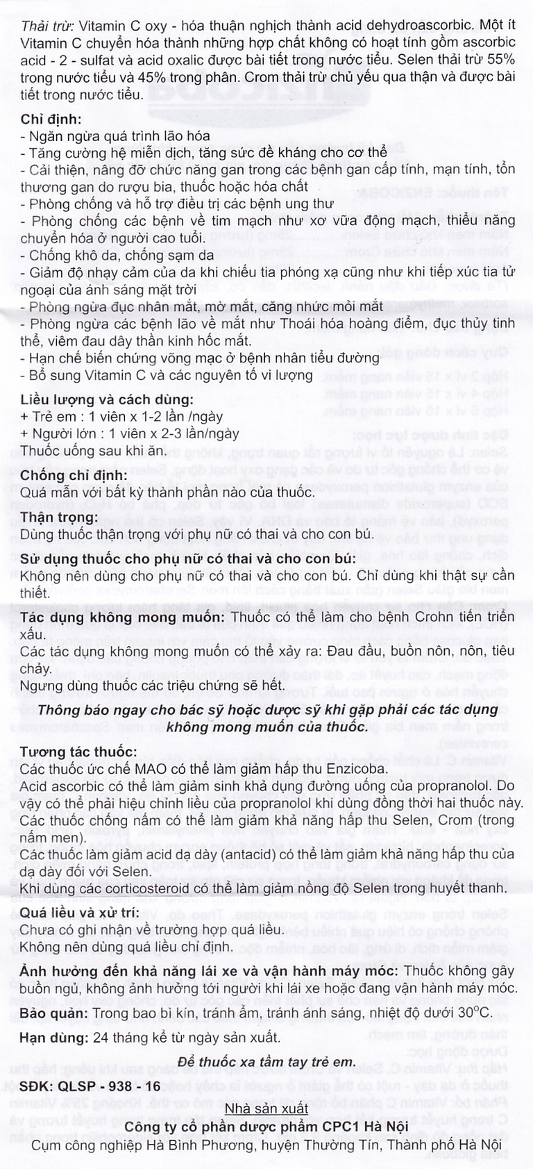 Thuốc Enzicoba CPC1 ngăn ngừa quá trình lão hóa, tăng đề kháng (4 vỉ x 15 viên)