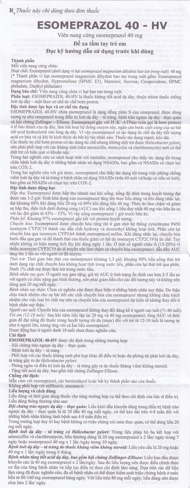 Thuốc Esomeprazol 40-HV điều trị trào ngược dạ dày, thực quản (3 vỉ x 10 viên)
