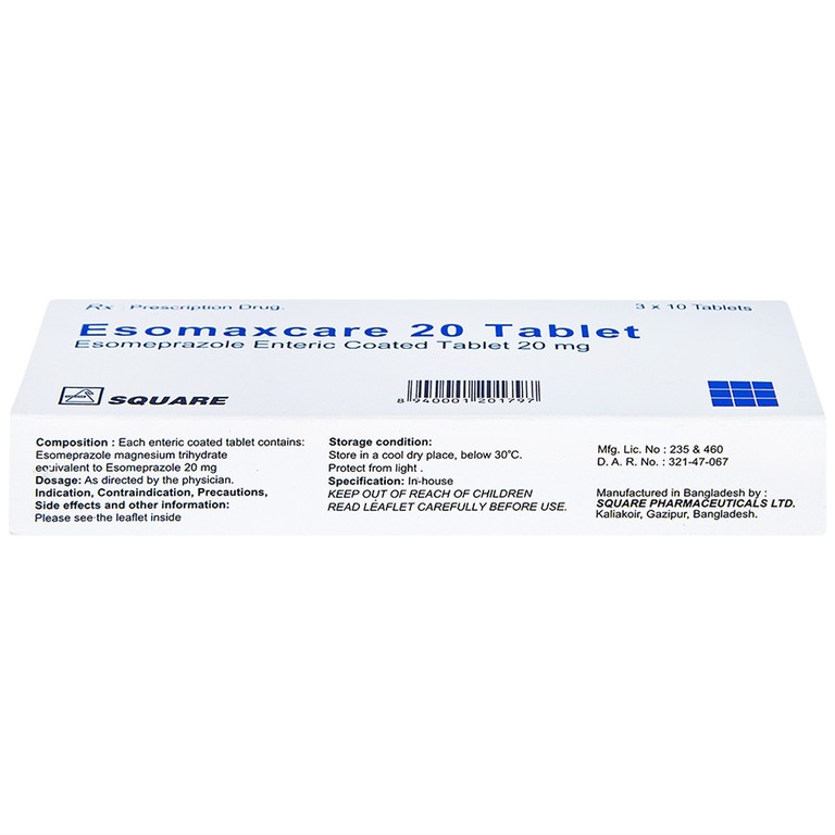 Thuốc Esomaxcare 20 Square điều trị loét dạ dày tá tràng lành tính (3 vỉ x 10 viên)