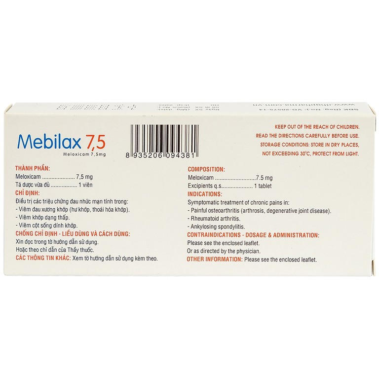 Viên nén Mebilax 7,5 DHG Pharma  điều trị viêm đau cơ xương khớp (2 vỉ x 10 viên)