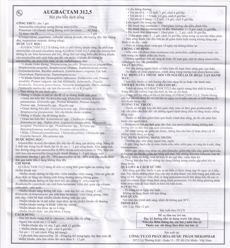 Bột Augbactam 312.5 Mekophar điều trị nhiễm khuẩn (12 gói)