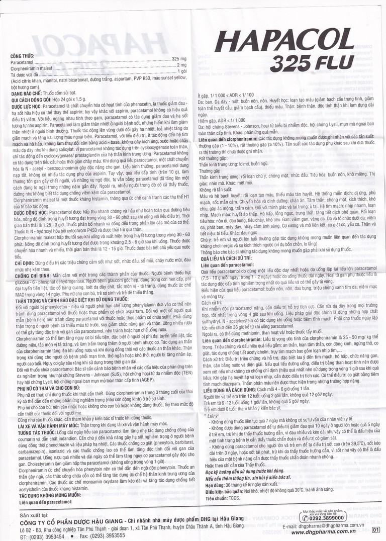 Cốm Hapacol 325 Flu DHG điều trị đau đầu, đau nửa đầu, đau răng (24 gói)