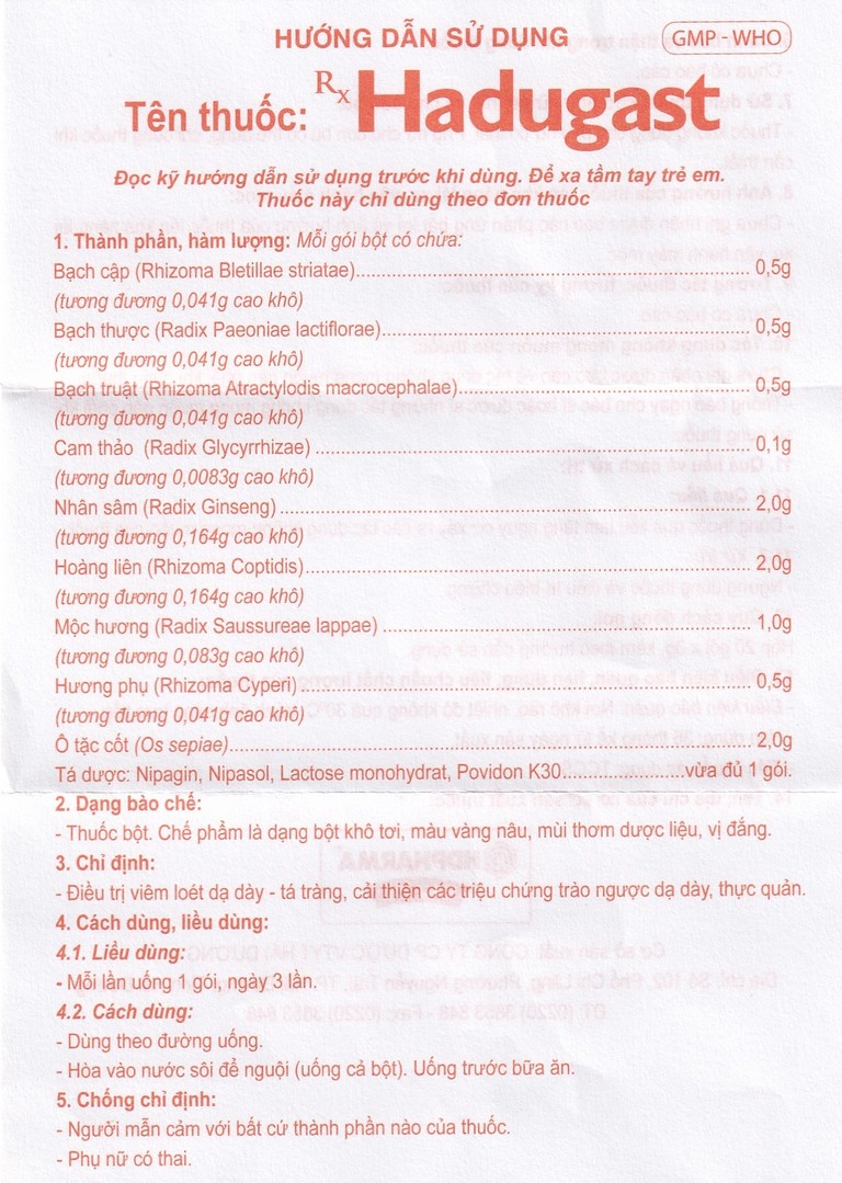 Bột Hadugast Hải Dương điều trị viêm loét dạ dày, tá tràng (20 gói x 3g)