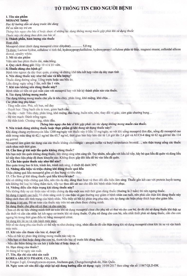 Viên nén Mosane Tablet 5mg Arlico điều trị bệnh trào ngược dạ dày - thực quản, ợ nóng (10 vỉ x 10 viên) 